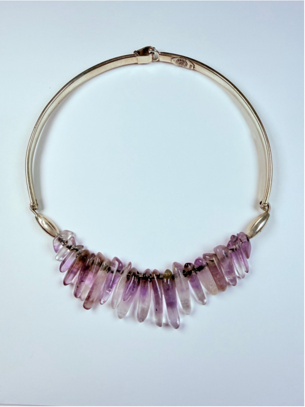 Taxco Modernist Torque Amethyst Crystals JCR 925 Sterling Silver Necklace Mexico